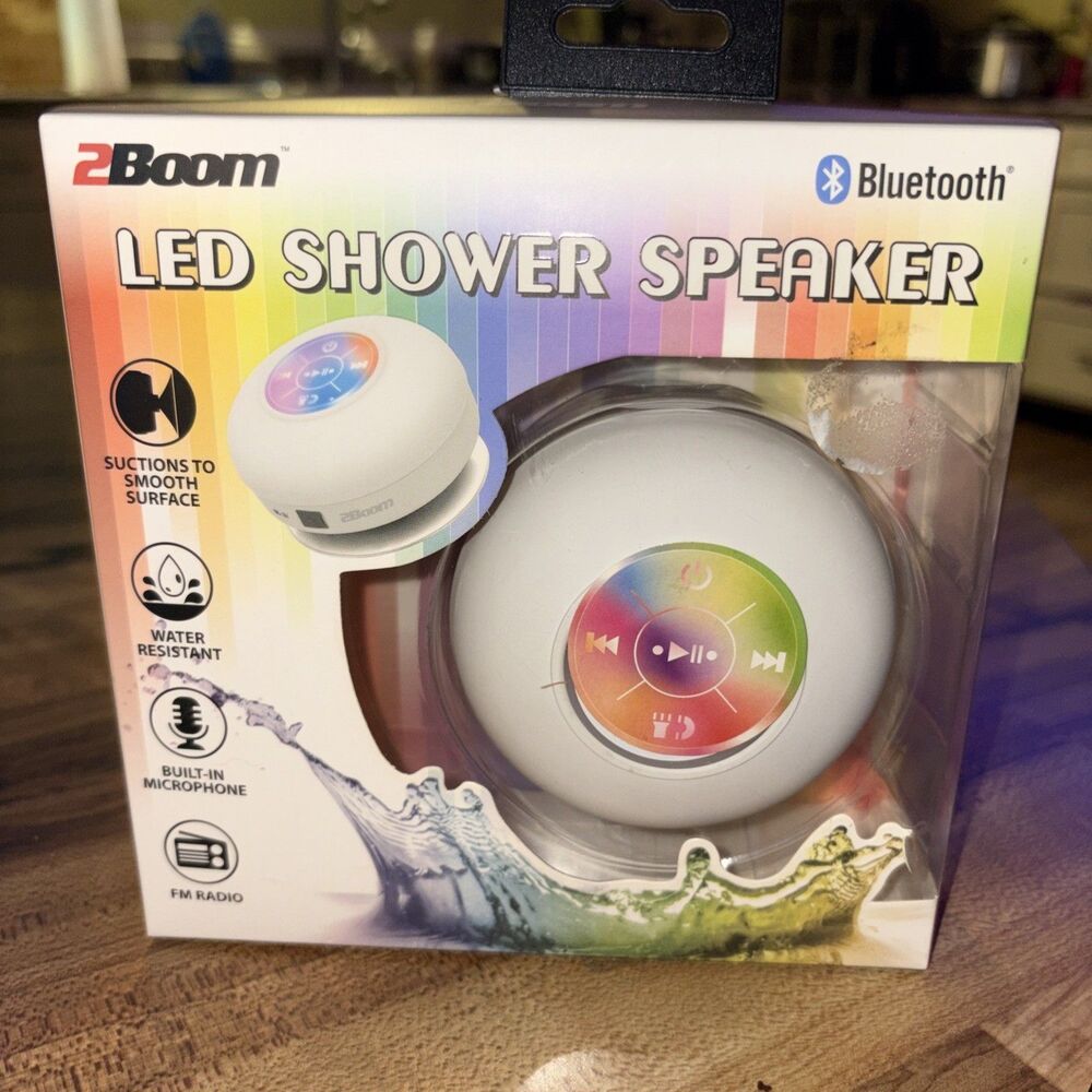 2Boom LED Shower Speaker Pink Bluetooth Water Resistant FM Radio Built-In Mic